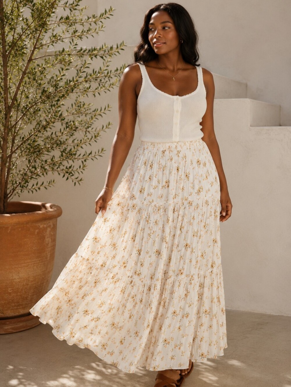 Mary Lawless x Splendid Floral Tiered Maxi Skirt Cream Romantic Resort XL